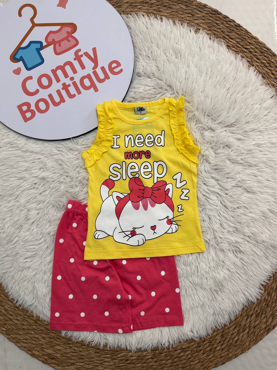 Girls Yellow Cat Pajama Set – Sleeveless Ruffle Top & Pink Polka Dot Shorts | Soft Summer Cotton Sleepwear ZM012G