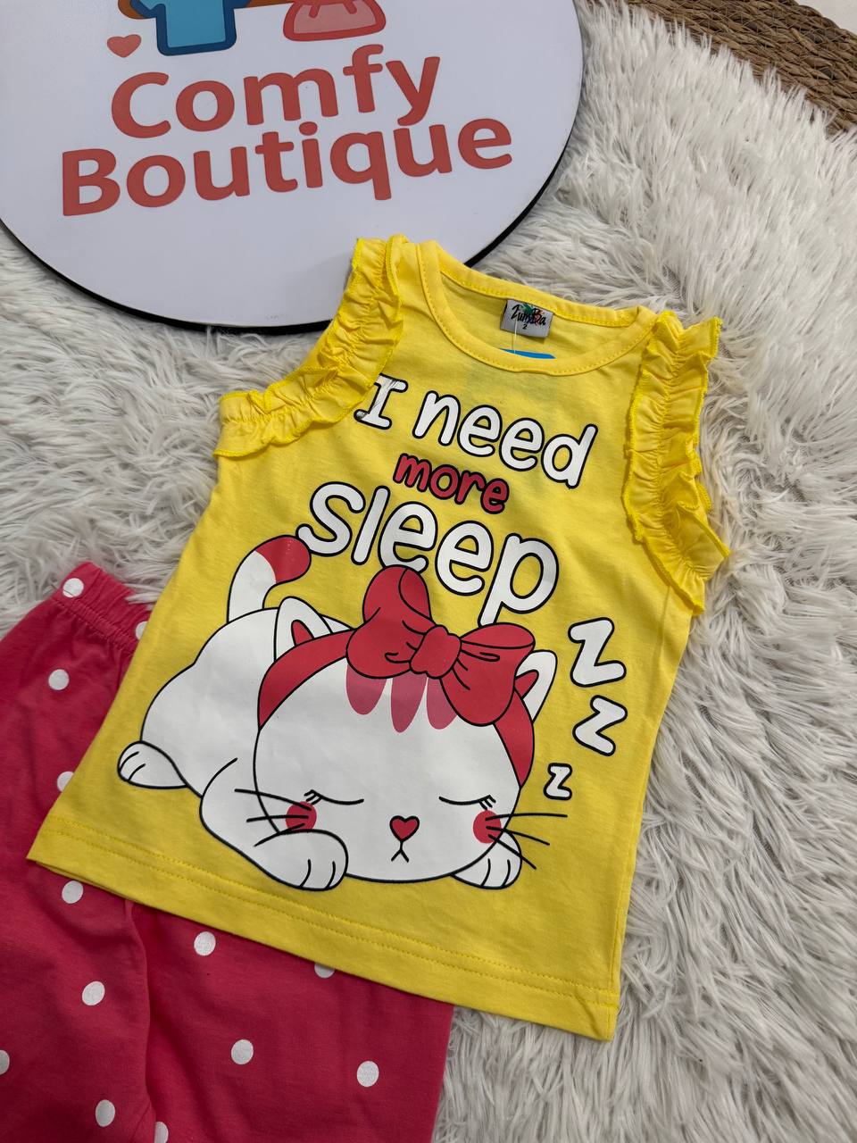 Girls Yellow Cat Pajama Set – Sleeveless Ruffle Top & Pink Polka Dot Shorts | Soft Summer Cotton Sleepwear ZM012G