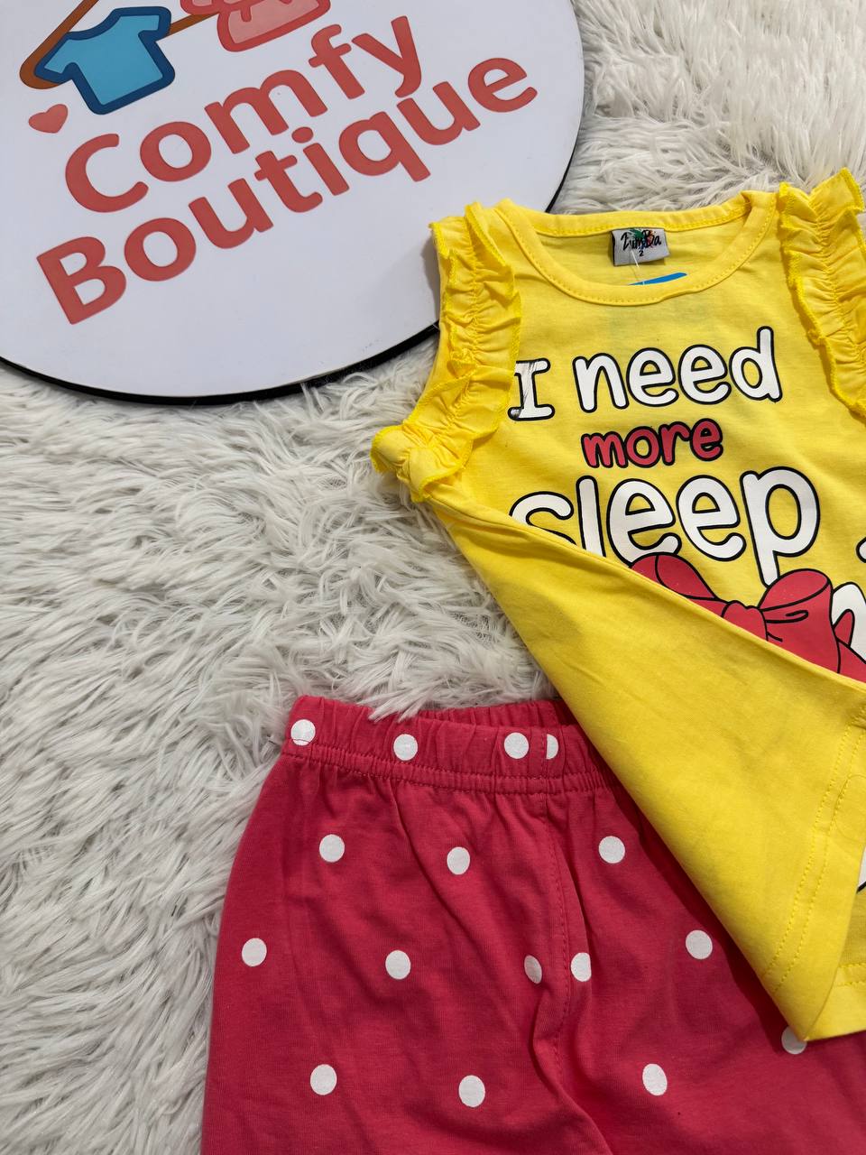 Girls Yellow Cat Pajama Set – Sleeveless Ruffle Top & Pink Polka Dot Shorts | Soft Summer Cotton Sleepwear ZM012G