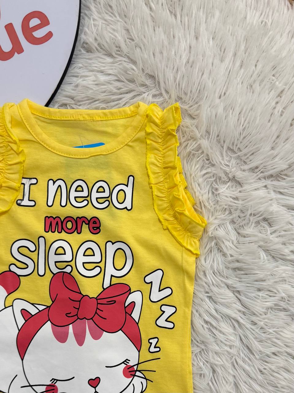 Girls Yellow Cat Pajama Set – Sleeveless Ruffle Top & Pink Polka Dot Shorts | Soft Summer Cotton Sleepwear ZM012G