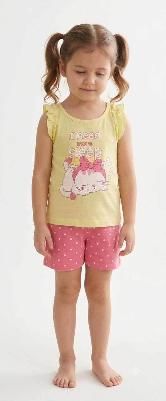 Girls Yellow Cat Pajama Set – Sleeveless Ruffle Top & Pink Polka Dot Shorts | Soft Summer Cotton Sleepwear ZM012G