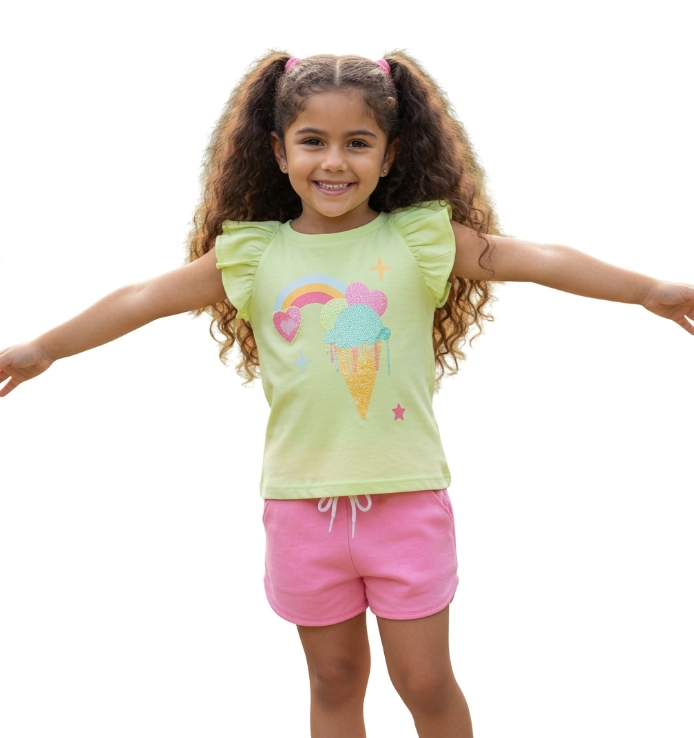 Girls Ice Cream Summer Outfit – Mint Ruffle Sleeve Top & Pink Shorts | Cute Cotton Set KB004G