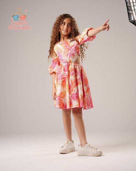Girls Tropical Print Cold Shoulder Dress – Summer Cotton Party Dress with Puff Sleeves | JM3608