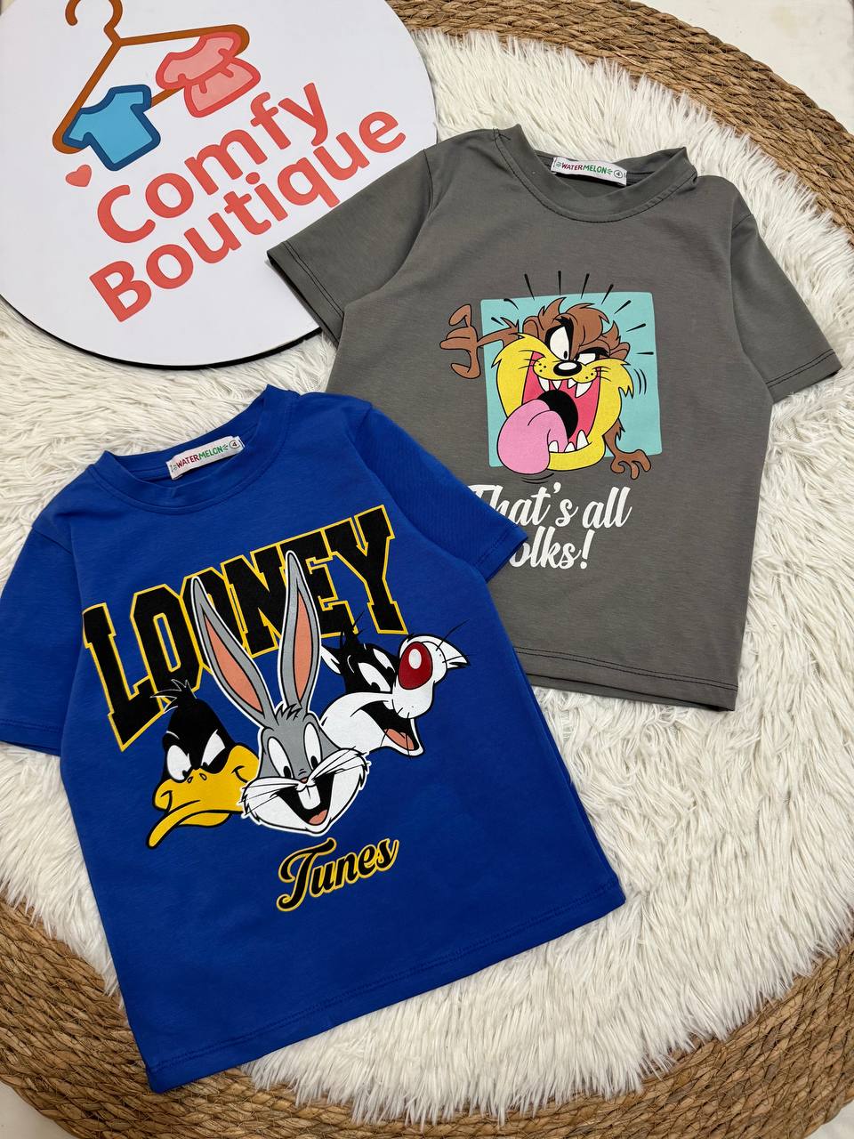 (Pack of 2) Boys Looney Tunes Graphic T-Shirt – Kids Cotton Summer Tee (Blue & Grey) | WM005B