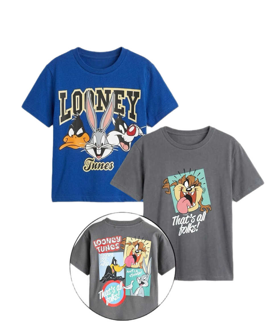(Pack of 2) Boys Looney Tunes Graphic T-Shirt – Kids Cotton Summer Tee (Blue & Grey) | WM005B