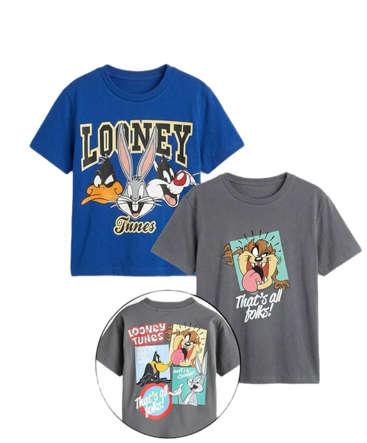 (Pack of 2)                        Boys Looney Tunes Graphic T-Shirt – Kids Cotton Summer Tee (Blue & Grey) | WM005B