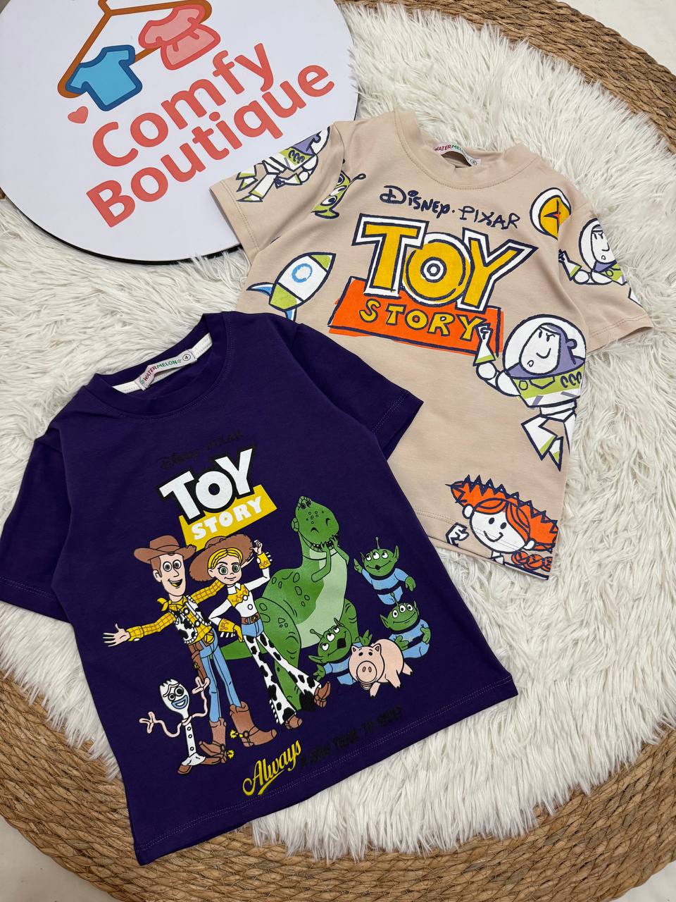 (Pack of 2) Disney Pixar Toy Story Boys’ Cotton T-Shirt – Short Sleeve Character Graphic Tee (Cream & Purple)|WM004B