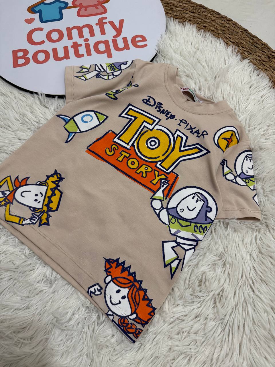 (Pack of 2) Disney Pixar Toy Story Boys’ Cotton T-Shirt – Short Sleeve Character Graphic Tee (Cream & Purple)|WM004B