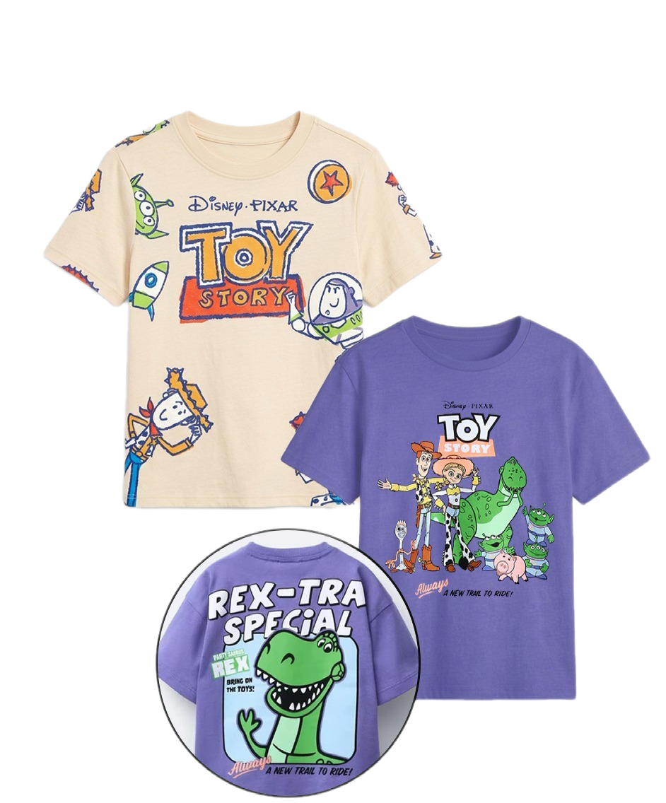 (Pack of 2) Disney Pixar Toy Story Boys’ Cotton T-Shirt – Short Sleeve Character Graphic Tee (Cream & Purple)|WM004B