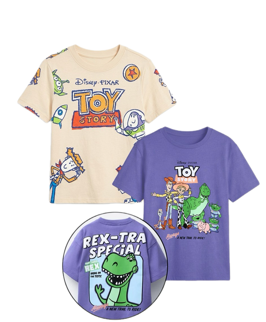 (Pack of 2)                     Disney Pixar Toy Story Boys’ Cotton T-Shirt – Short Sleeve Character Graphic Tee (Cream & Purple)|WM004B