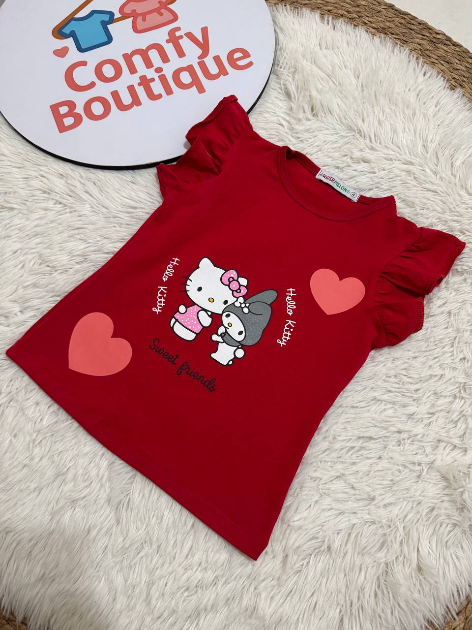 (PACK OF 2) Sanrio Hello Kitty & My Melody Girls’ Cotton T-Shirt – Flutter Sleeve Graphic Tee (Red & Charcoal Grey)|WM001G