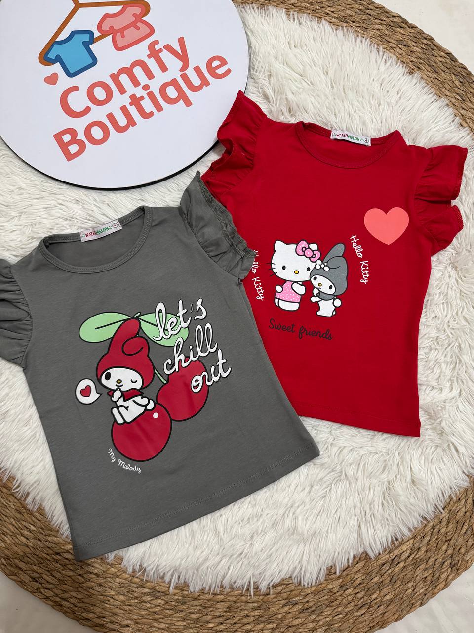 (PACK OF 2) Sanrio Hello Kitty & My Melody Girls’ Cotton T-Shirt – Flutter Sleeve Graphic Tee (Red & Charcoal Grey)|WM001G