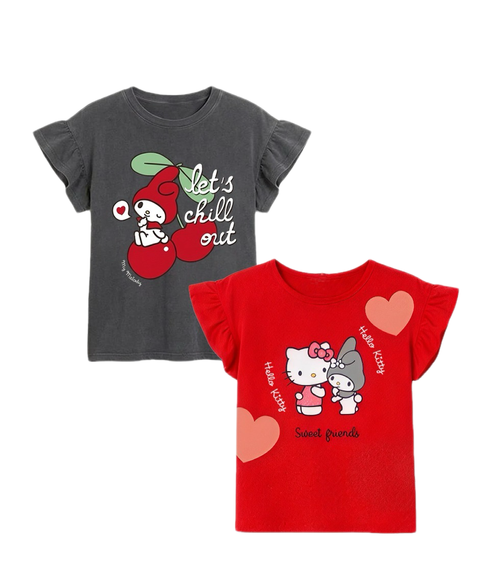 (PACK OF 2) Sanrio Hello Kitty & My Melody Girls’ Cotton T-Shirt – Flutter Sleeve Graphic Tee (Red & Charcoal Grey)|WM001G