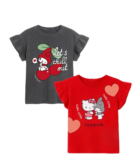 (PACK OF 2)                      Sanrio Hello Kitty & My Melody Girls’ Cotton T-Shirt – WM001G - Flutter Sleeve Graphic Tee (Red & Charcoal Grey)|WM001G