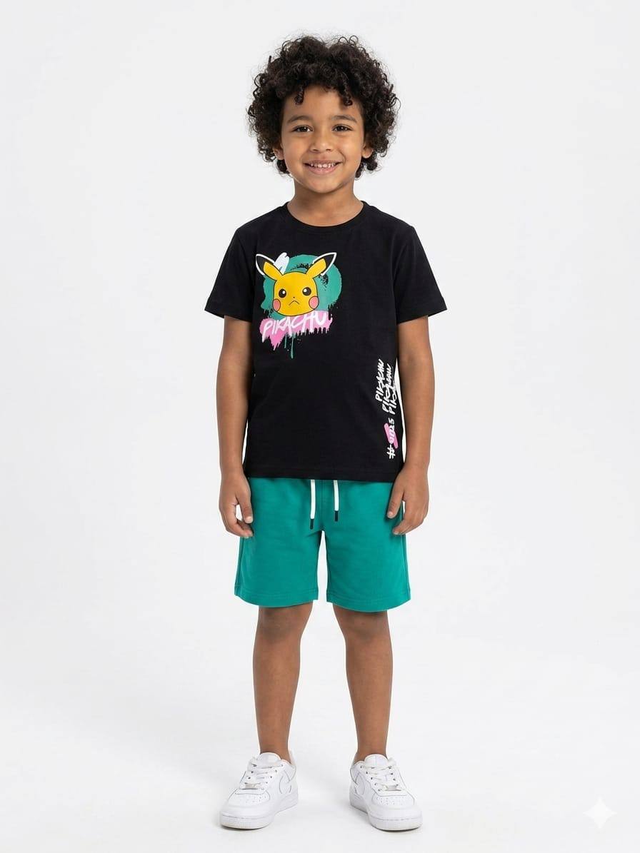 Boys Pokémon Pikachu Summer Outfit Set – Black Graphic T-Shirt & Green Shorts | Soft Cotton Casual Kids Clothing| KB021B