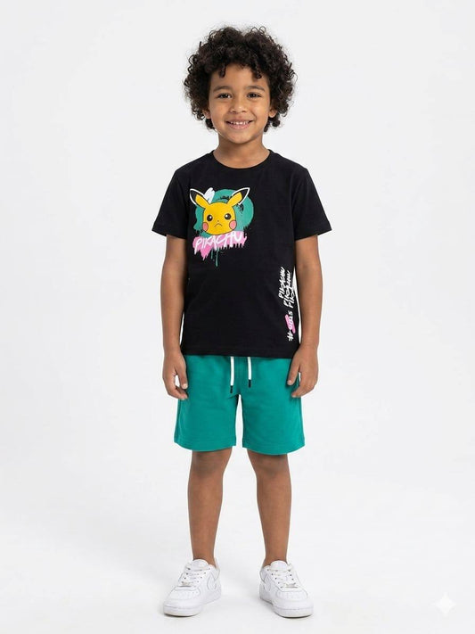 Boys Pokémon Pikachu Summer Outfit Set – Black Graphic T-Shirt & Green Shorts | Soft Cotton Casual Kids Clothing| CZKB021