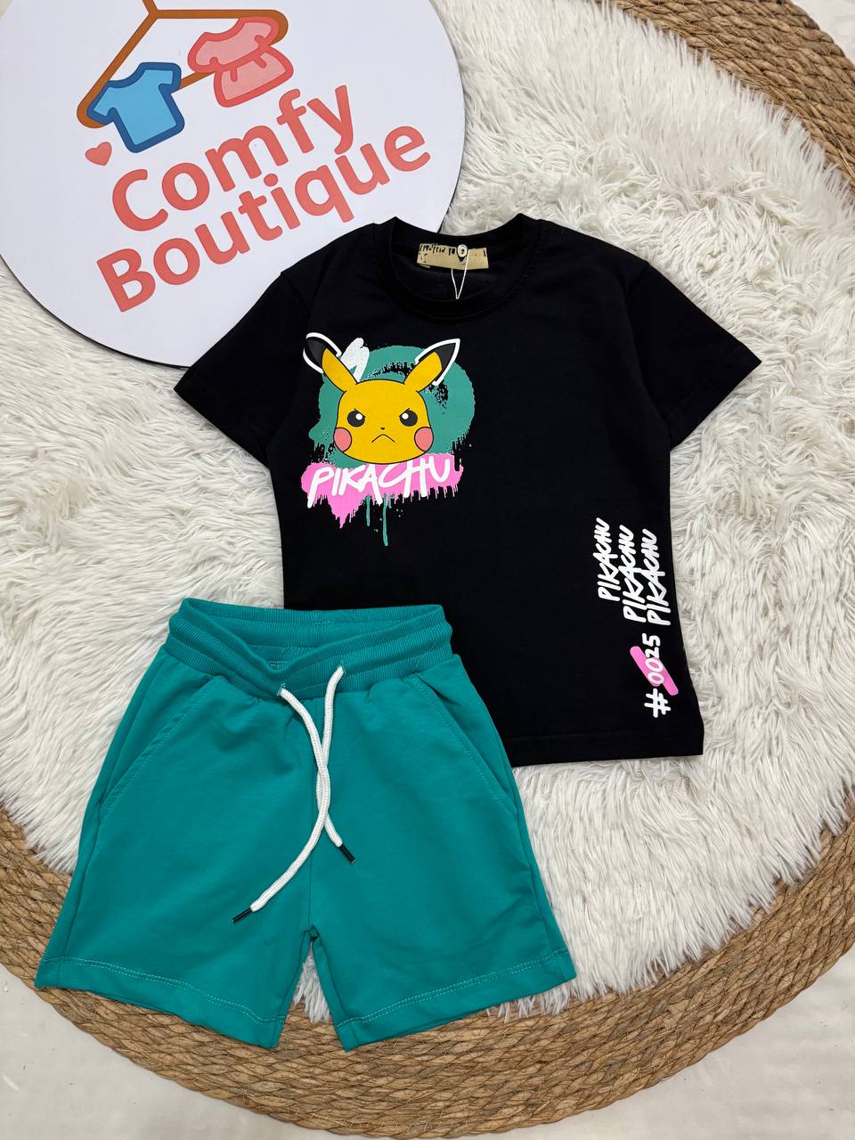 Boys Pokémon Pikachu Summer Outfit Set – Black Graphic T-Shirt & Green Shorts | Soft Cotton Casual Kids Clothing| KB021B