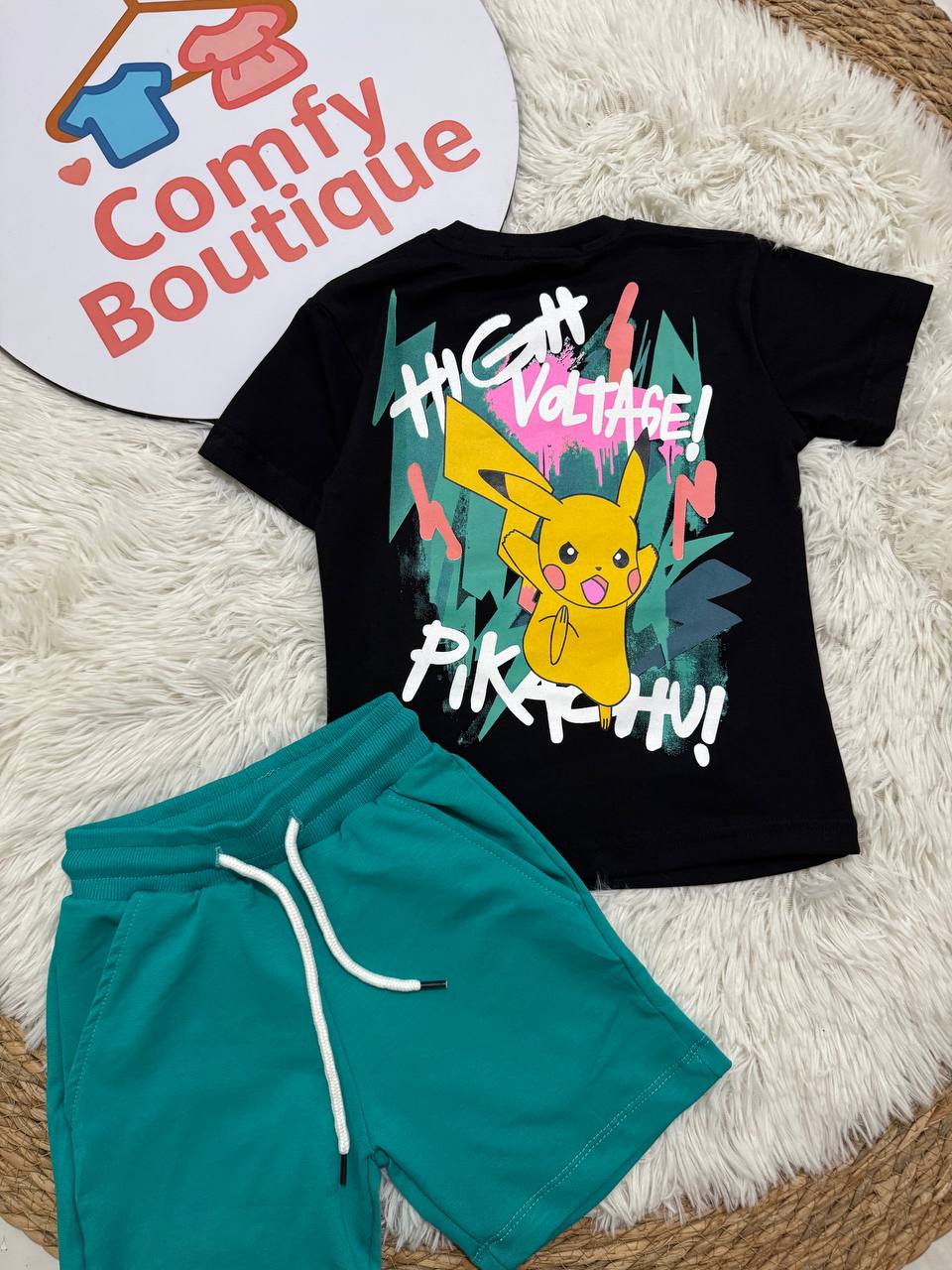 Boys Pokémon Pikachu Summer Outfit Set – Black Graphic T-Shirt & Green Shorts | Soft Cotton Casual Kids Clothing| KB021B