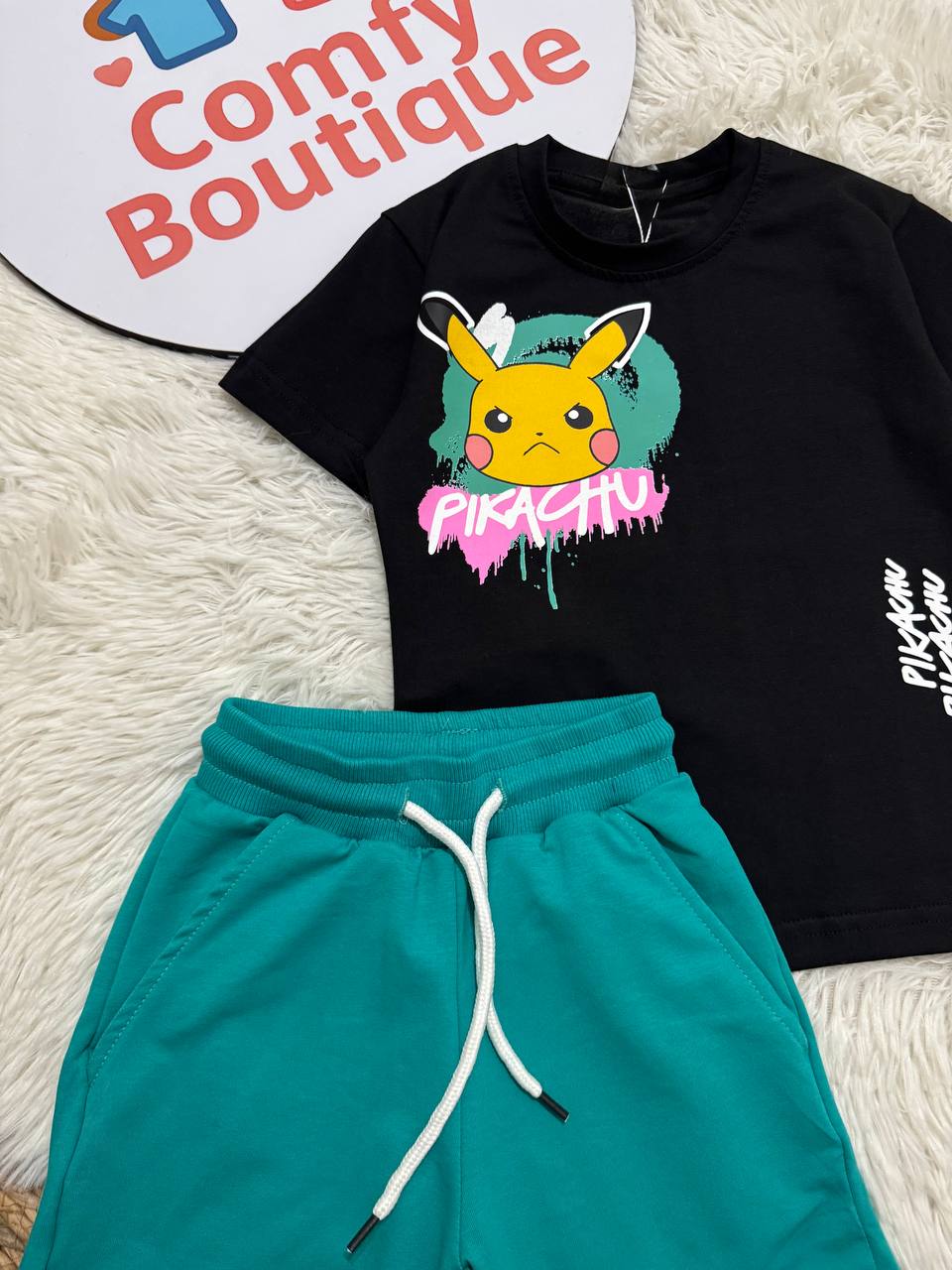 Boys Pokémon Pikachu Summer Outfit Set – Black Graphic T-Shirt & Green Shorts | Soft Cotton Casual Kids Clothing| KB021B