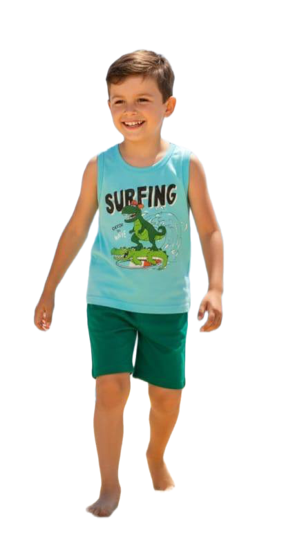 Boys Surfing Dinosaur Summer Tank Top & Shorts Set – Aqua & Green