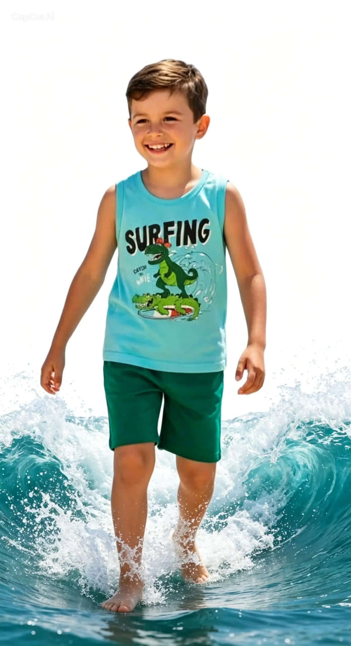 Boys Surfing Dinosaur Summer Tank Top & Shorts Set – Aqua & Green