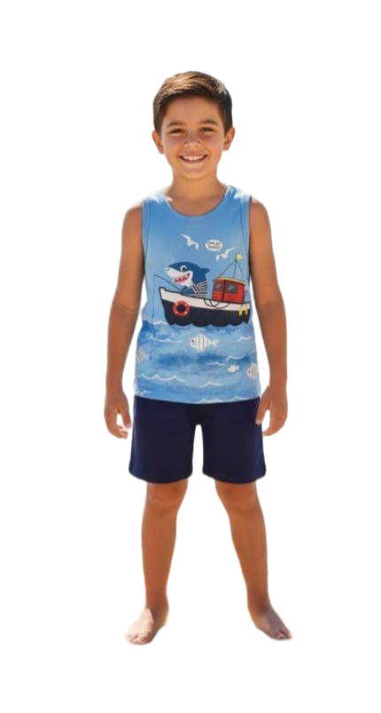 Boys Shark Fishing Boat Summer Outfit – Sleeveless Tank Top & Shorts Set – Soft Cotton Beach Wear – Blue & Navy