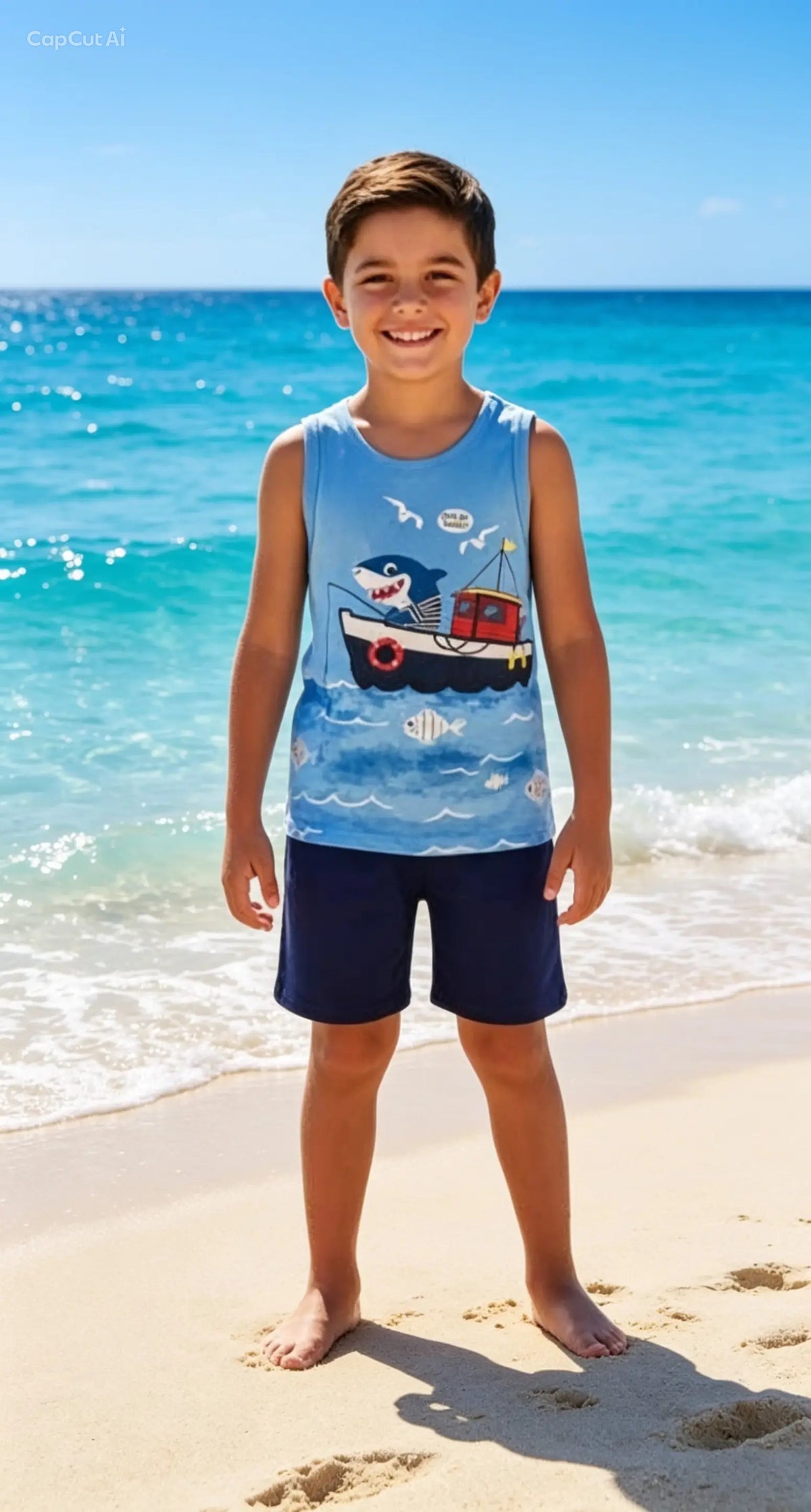 Boys Shark Fishing Boat Summer Outfit – Sleeveless Tank Top & Shorts Set – Soft Cotton Beach Wear – Blue & Navy