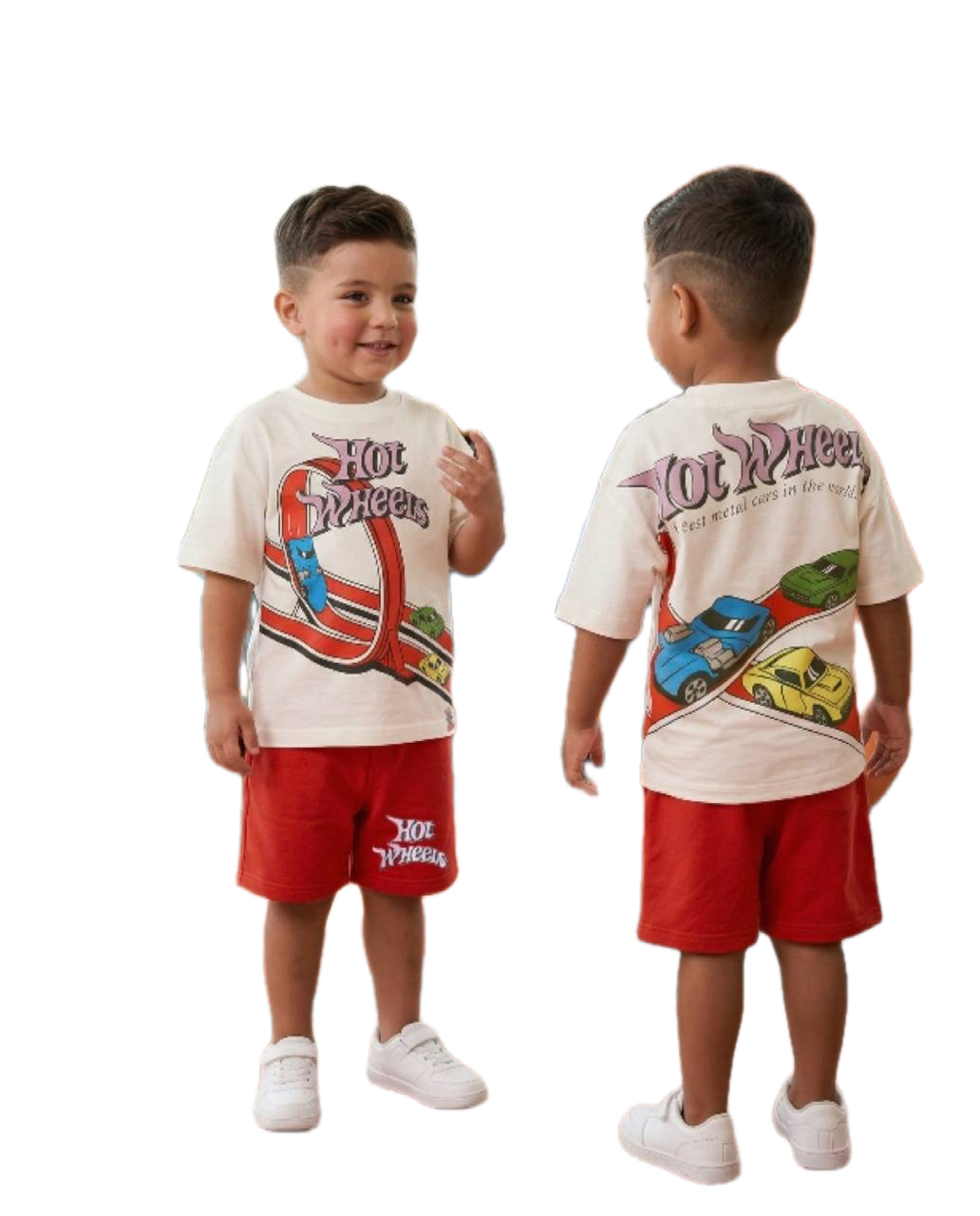 Hot Wheels Boys Summer Outfit – Cotton T-Shirt & Shorts Set – White & Red