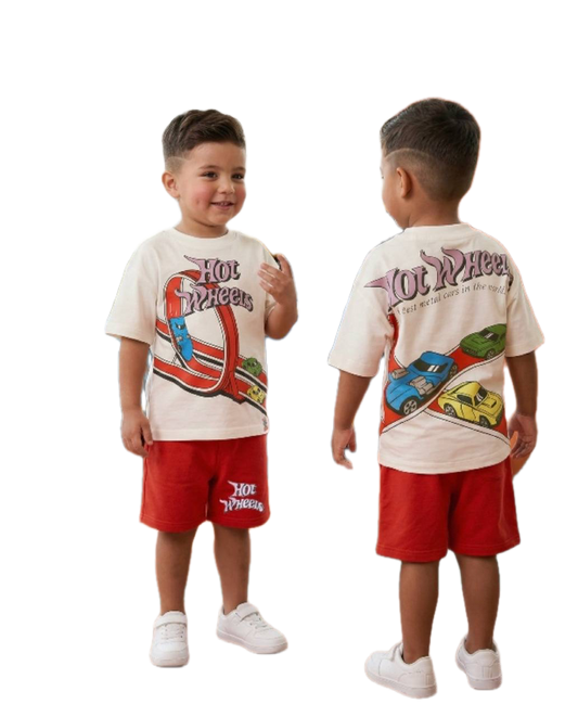 Hot Wheels Boys Summer Outfit | Cotton T-Shirt & Shorts Set | White & Red 
 BQ003B