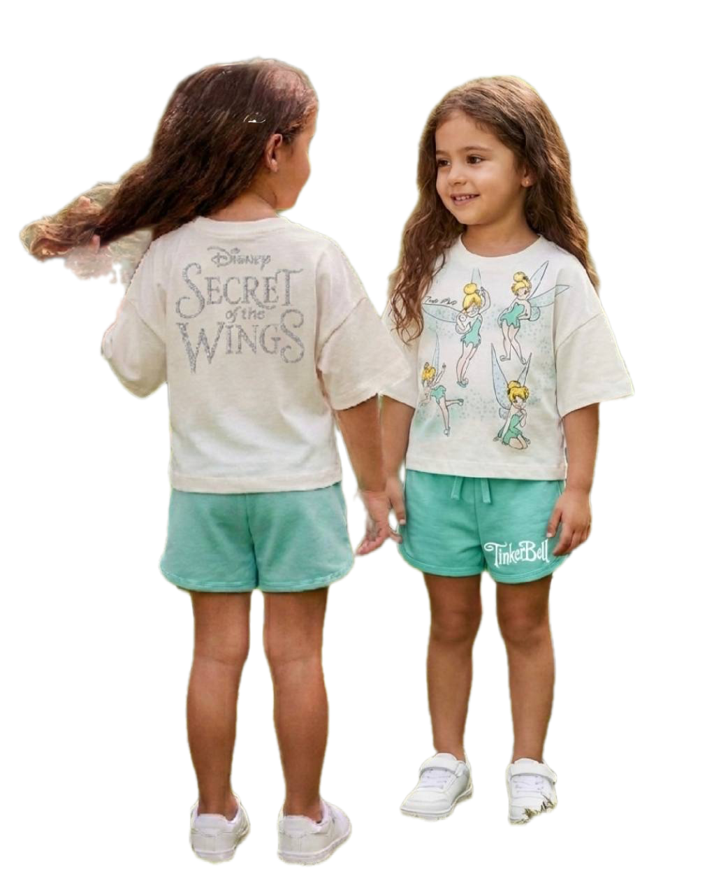 Disney Tinker Bell Girls Summer Outfit – Cotton T-Shirt & Shorts Set – Cream & Mint Green