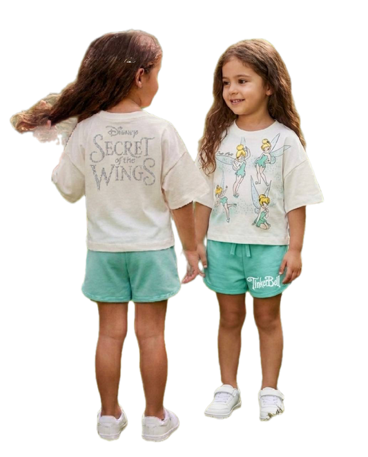 Disney Tinker Bell Girls Summer Outfit  BQ002G | Cotton T-Shirt & Shorts Set | Cream & Mint Green BQ002G