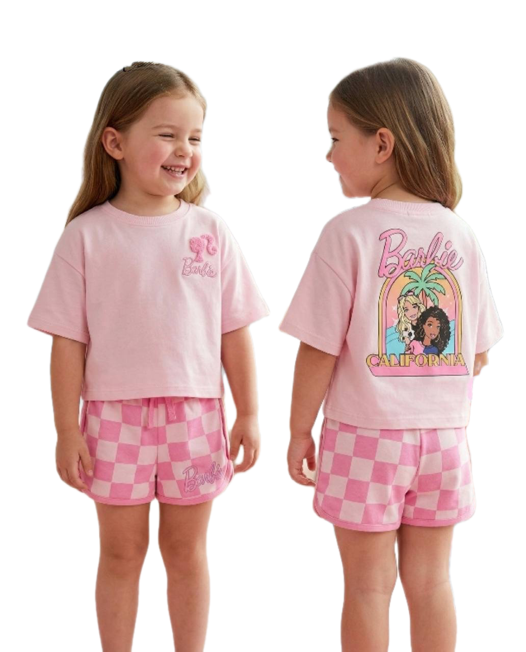 Barbie California Girls Summer Outfit – Cotton T-Shirt & Checkered Shorts Set – Pink