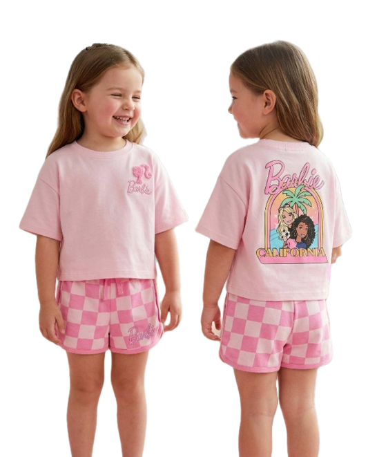 Barbie California Girls Summer Outfit BQ001G | Cotton T-Shirt & Checkered Shorts Set | Pink  BQ001G