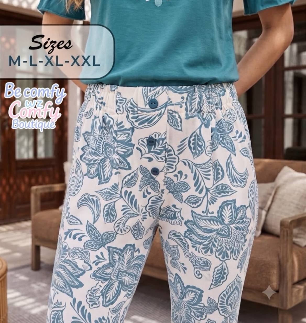 Women’s Summer Cold Shoulder Pajama Set – Soft Cotton Capri Sleepwear, Teal Floral Print | M-XXL |