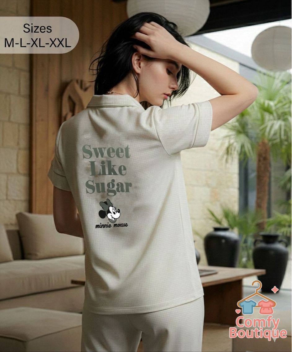 Women’s Minnie Mouse Cotton Pajama Set – Soft Button-Up Short Sleeve Loungewear, Cream | M-XXL