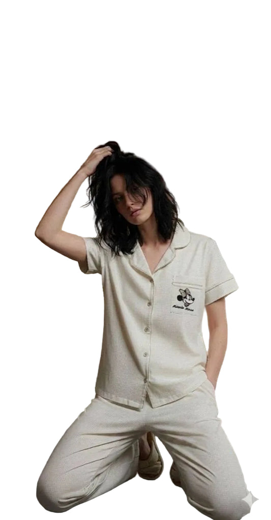 Women’s Minnie Mouse Cotton Pajama Set – SM8054 - Soft Button-Up Short Sleeve Loungewear, Cream | M-XXL SM8054