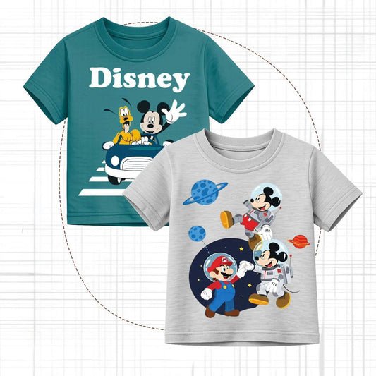 Disney Mickey Mouse Boys T-Shirt Set – 2-Pack Kids Short Sleeve Graphic Tees with Mickey, Pluto & Space Print | Summer Cotton Tops for Boys