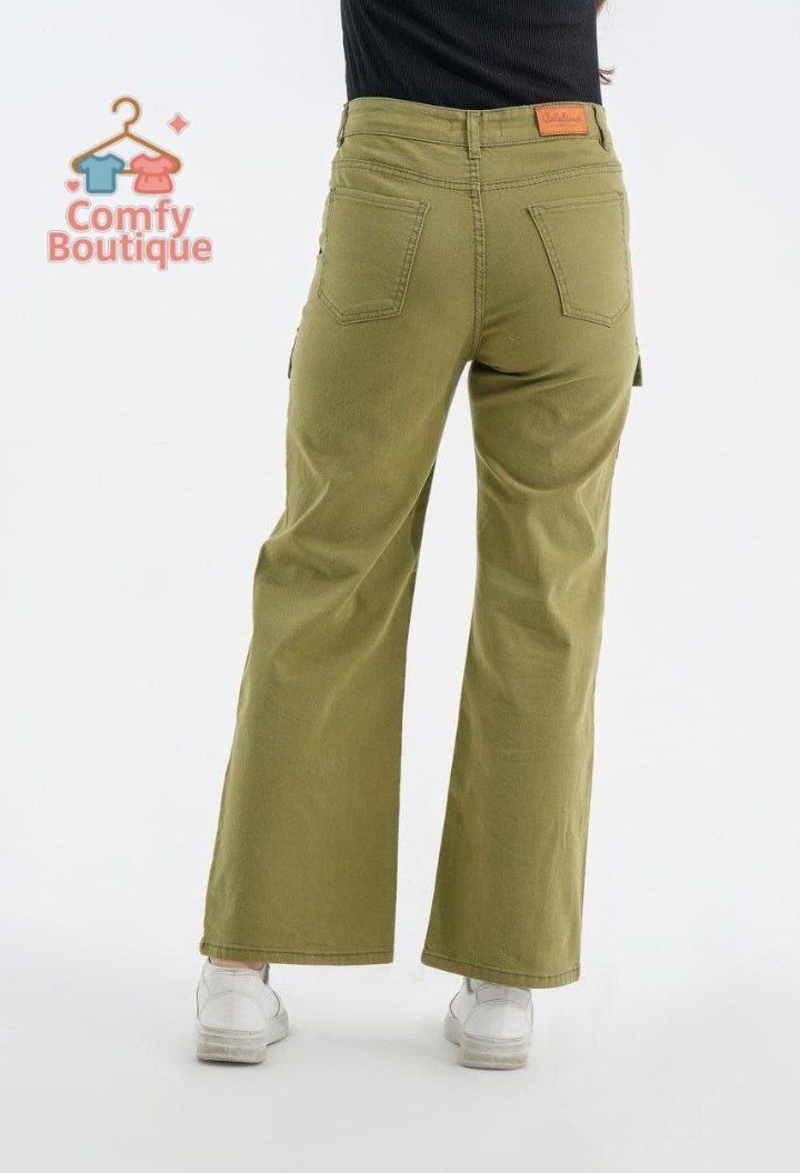 Olive Green Wide Leg Cargo Pants – High Waist Casual Cotton Trousers with Utility Pocket Code 91903