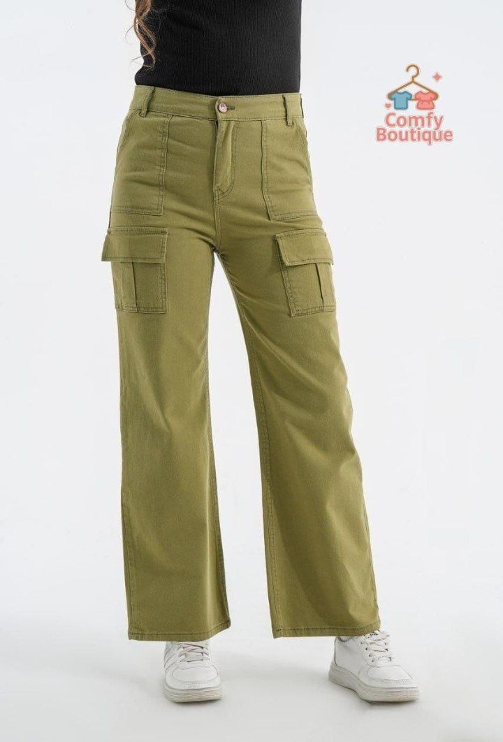 Olive Green Wide Leg Cargo Pants – High Waist Casual Cotton Trousers with Utility Pocket Code 91903