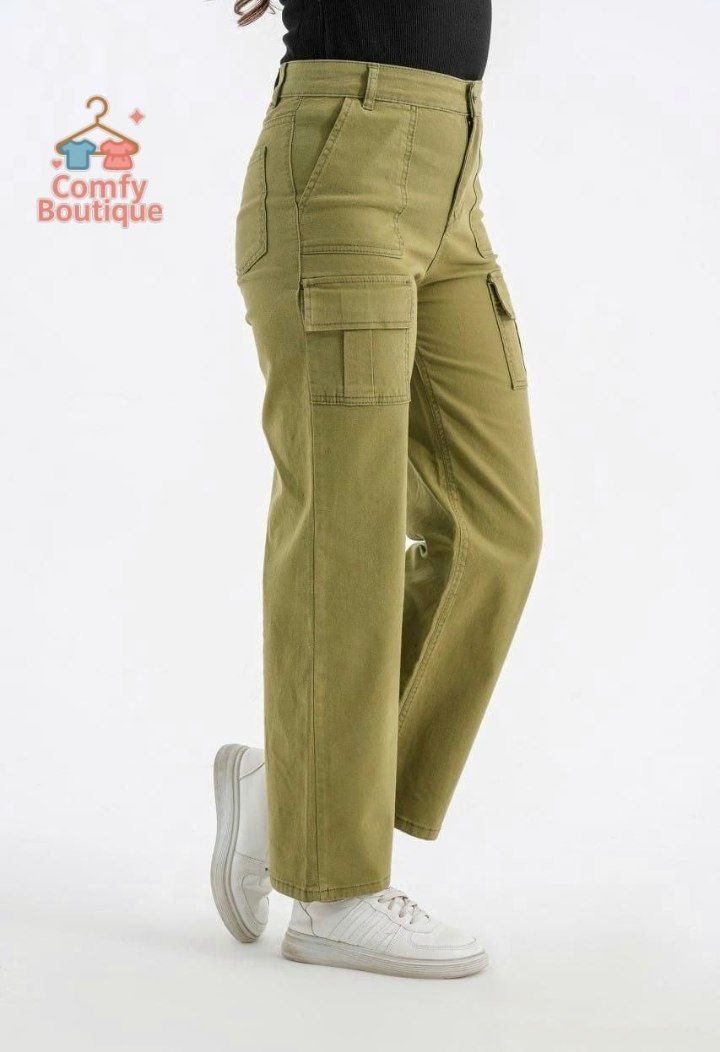 Olive Green Wide Leg Cargo Pants – High Waist Casual Cotton Trousers with Utility Pocket Code 91903