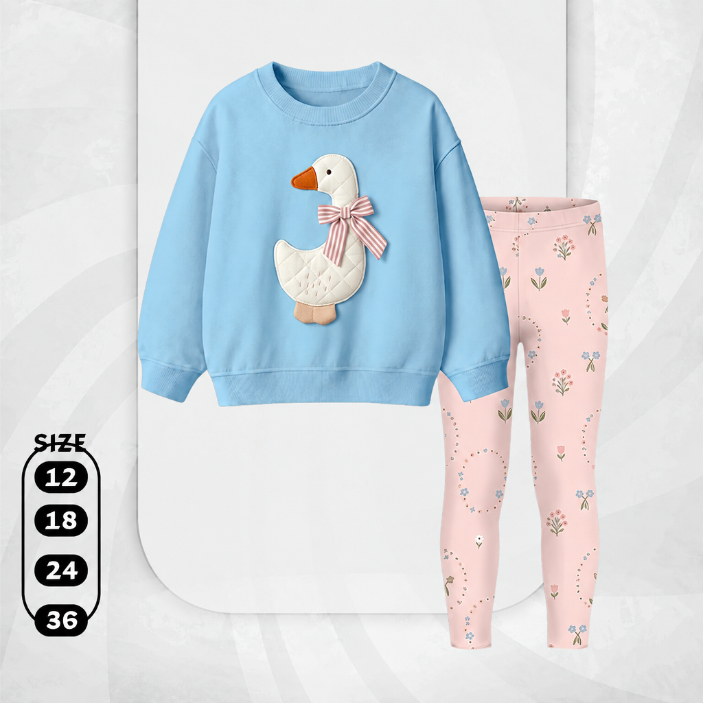 Baby Girls' 3D Goose 2-Piece Set – Sky Blue Sweatshirt & Pink Floral Leggings : KZ1-003G