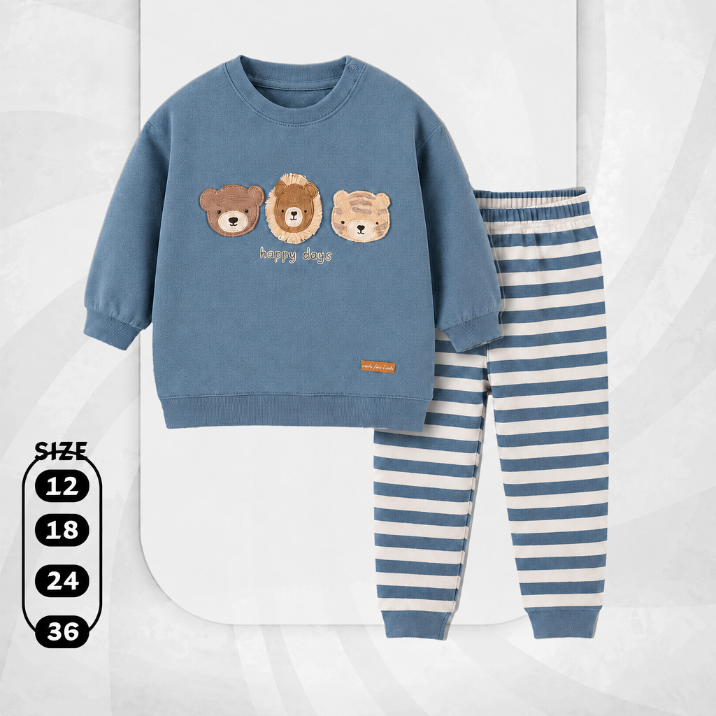 Baby Boys' "Happy Days" Animal Friends 2-Piece Set – Blue Sweatshirt & Striped Joggers : KZ1-008B