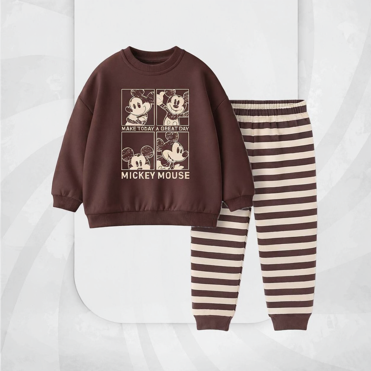 Baby Boys' Vintage Mickey Mouse 2-Piece Set – Brown Sweatshirt & Striped Joggers : KZ1-010B