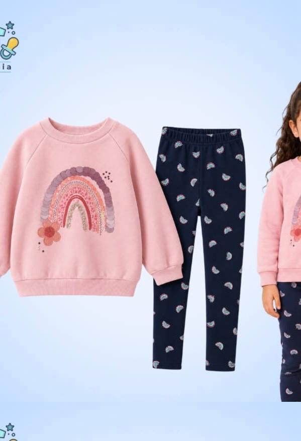 Girls' Rainbow 2-Piece Set – Pink Sweatshirt & Navy Printed Leggings : KZ2-001G
