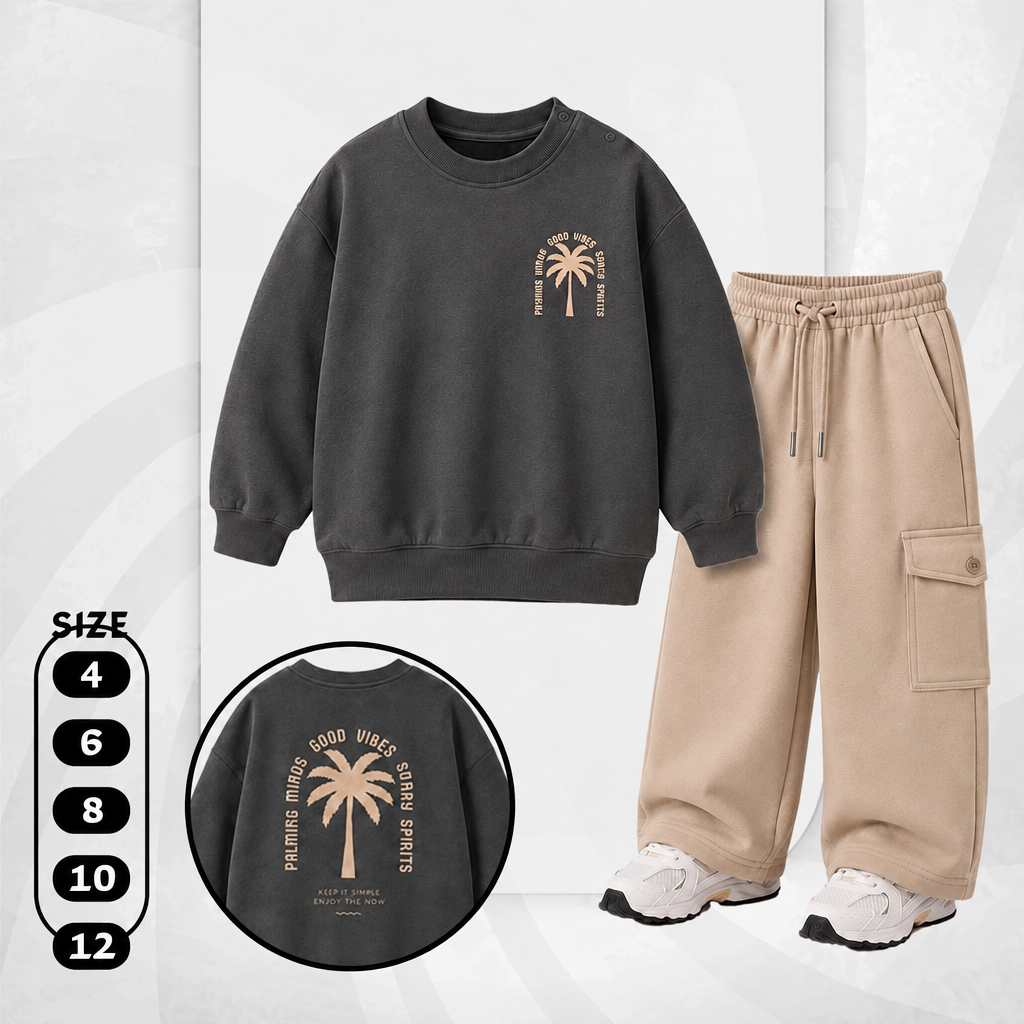 Boys' Palm Tree "Good Vibes" 2-Piece Set – Charcoal Sweatshirt & Beige Cargo Pants : KZ3-001B