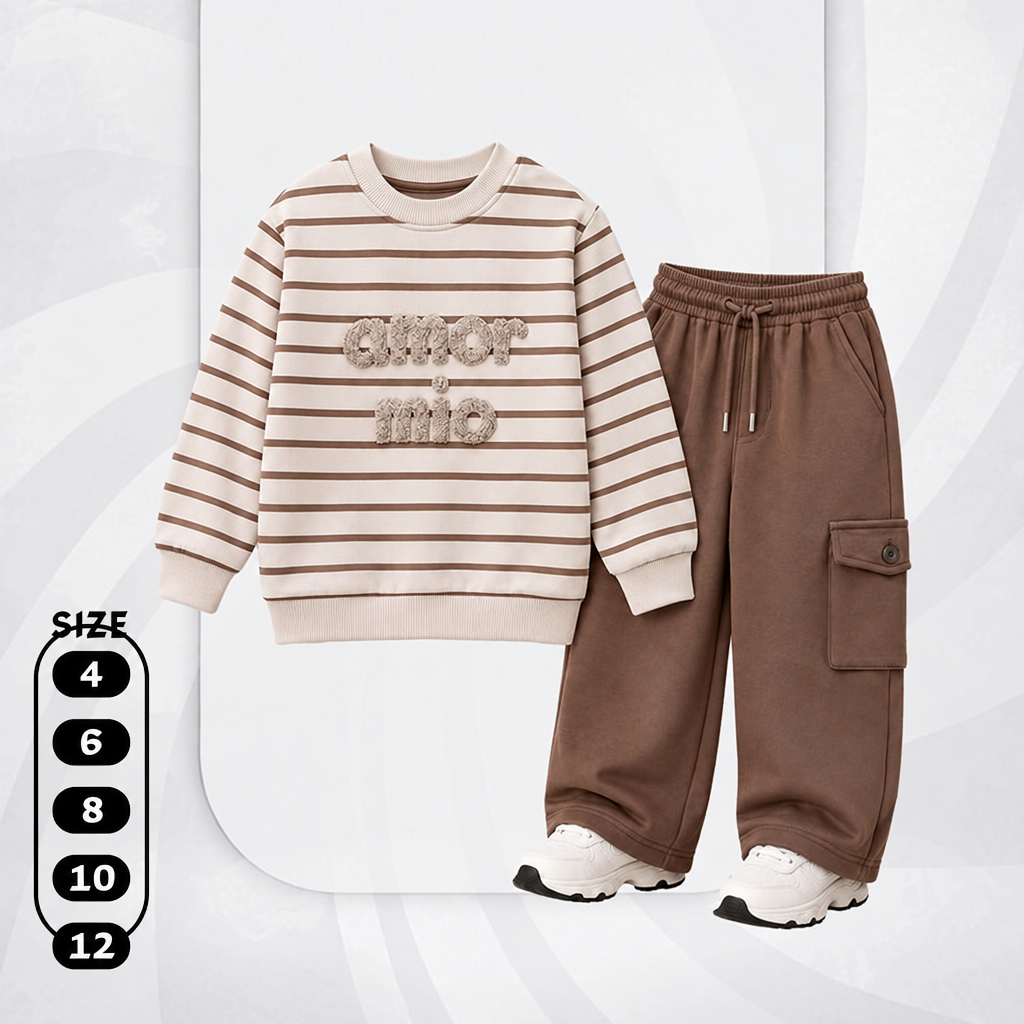 Boys' Striped "Amor Mio" 2-Piece Set – Cream Sweatshirt & Brown Cargo Pants : KZ3-002B