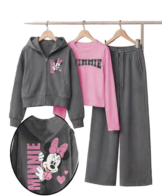 Girls' Minnie Mouse 3-Piece Set – Grey Zip-Up Hoodie, Pink Top & Wide-Leg Pants : LP1-001G