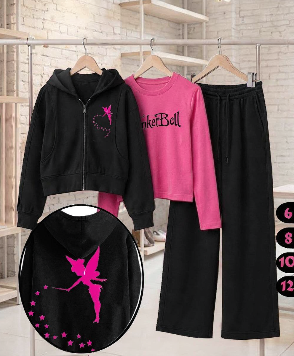 Girls' Tinker Bell 3-Piece Set – Black Zip-Up Hoodie, Pink Top & Wide-Leg Pants : LP1-002G
