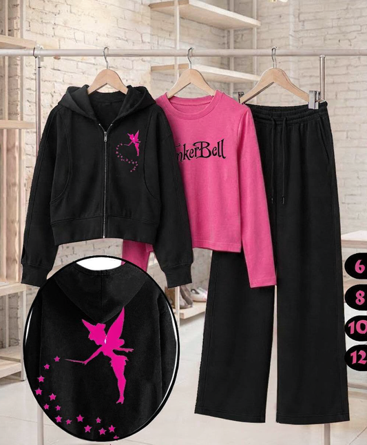 Girls' Tinker Bell 3-Piece Set – Black Zip-Up Hoodie, Pink Top & Wide-Leg Pants : LP1-002G