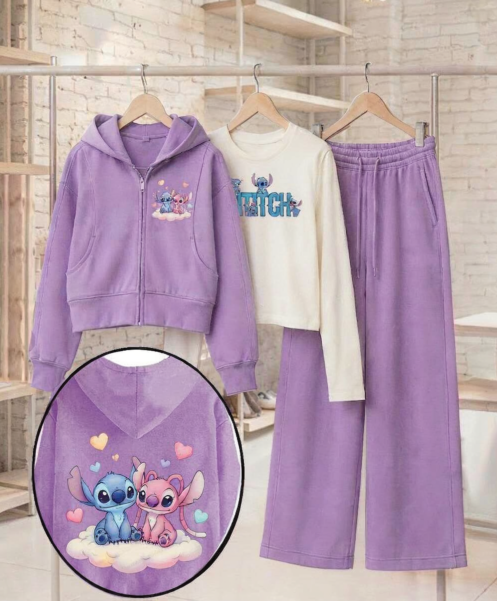 Girls' Stitch & Angel 3-Piece Set – Lavender Zip-Up Hoodie, Cream Top & Wide-Leg Pants : LP1-004G